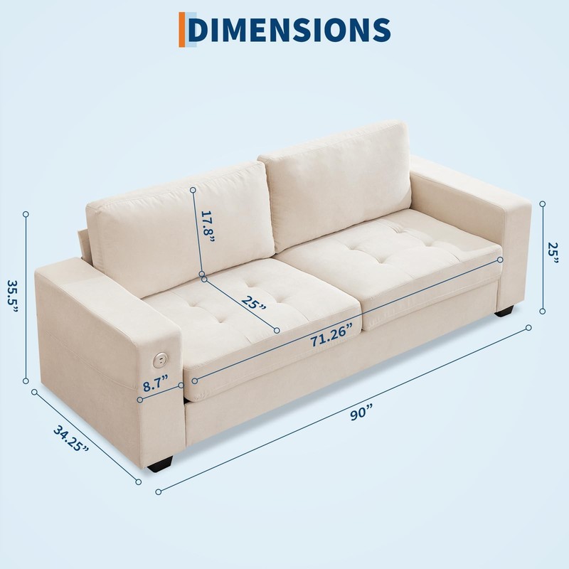 Cloud Couch 90" Sofa Loveseat USB Type-C Removable Covers Wide Armrest Small Spa gallery