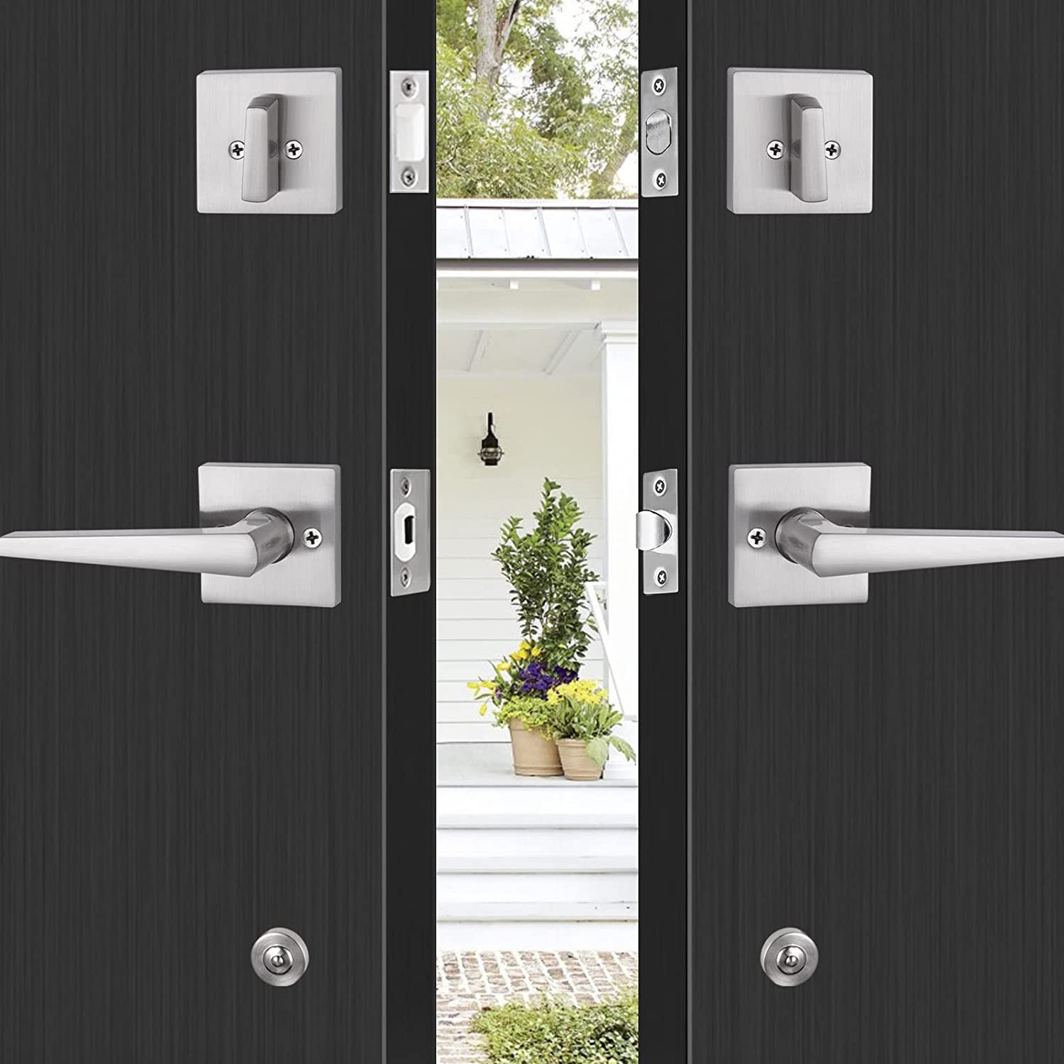 Front Door Handle Satin Nickel Double Door Lock Set, Entrance Handle Set gallery