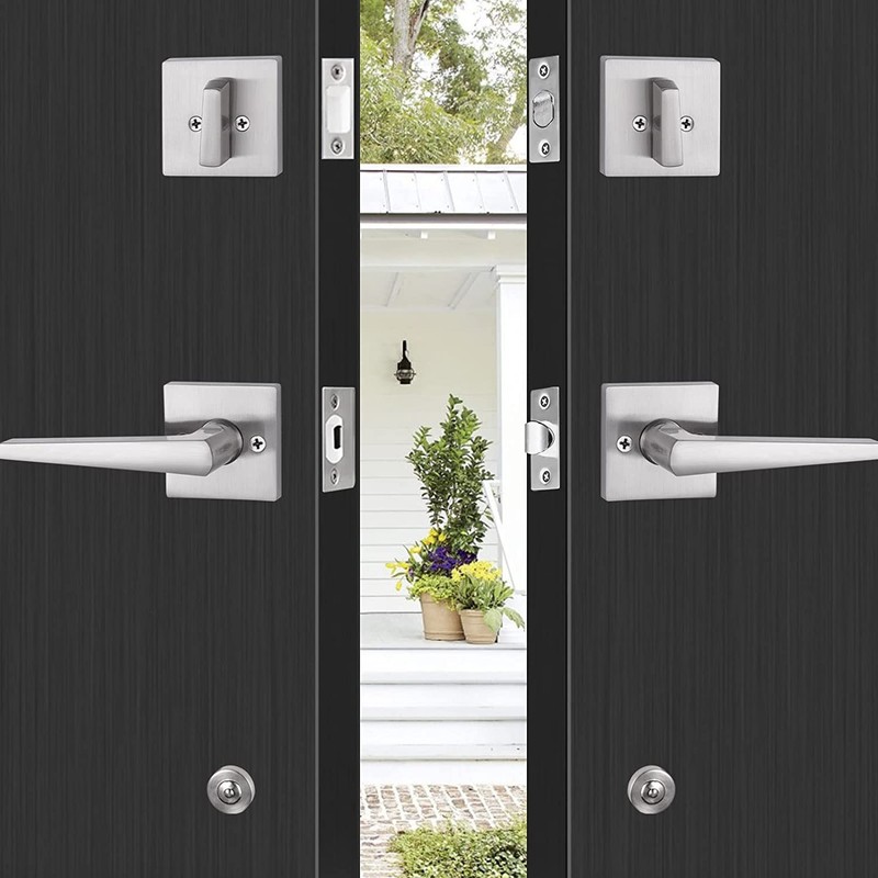 Front Door Handle Satin Nickel Double Door Lock Set, Entrance Handle Set gallery