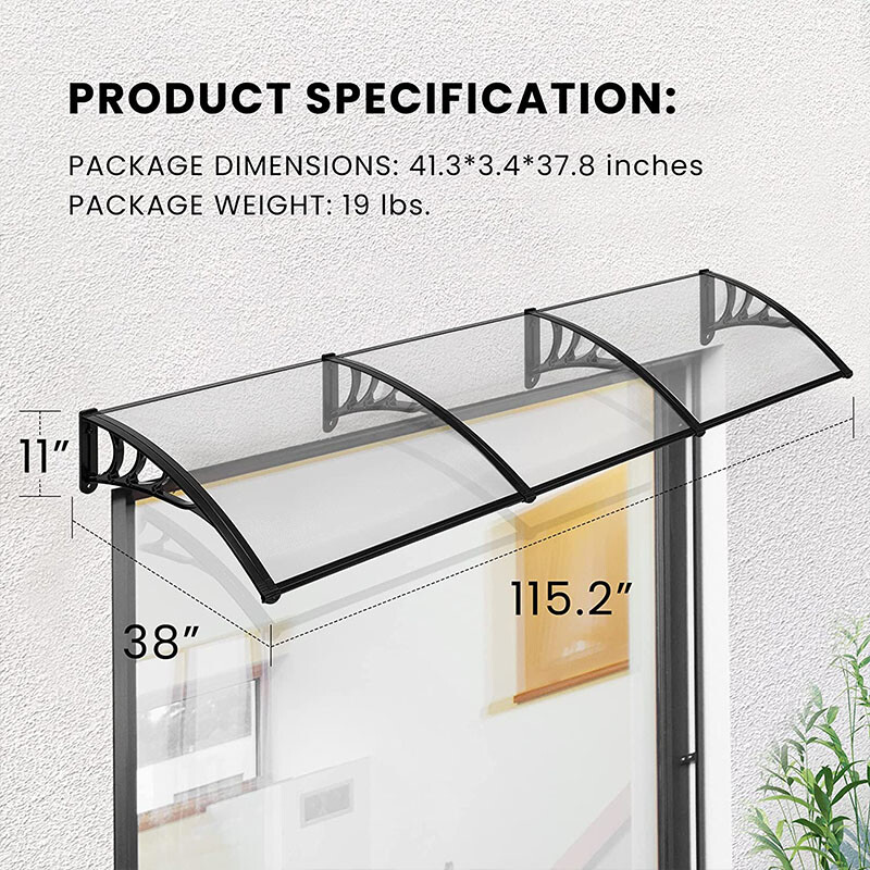 Polycarbonate Window Door Awning Canopy Transparent w/ Black Bracket 40x 120 In gallery