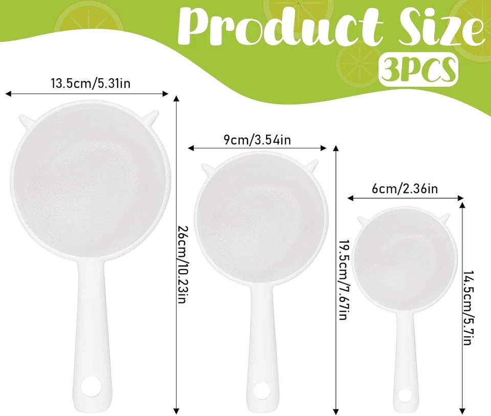 3 Pcs Plastic Mesh Strainer Set Colander with Handle - 3 Sizes Double Ear Food M gallery