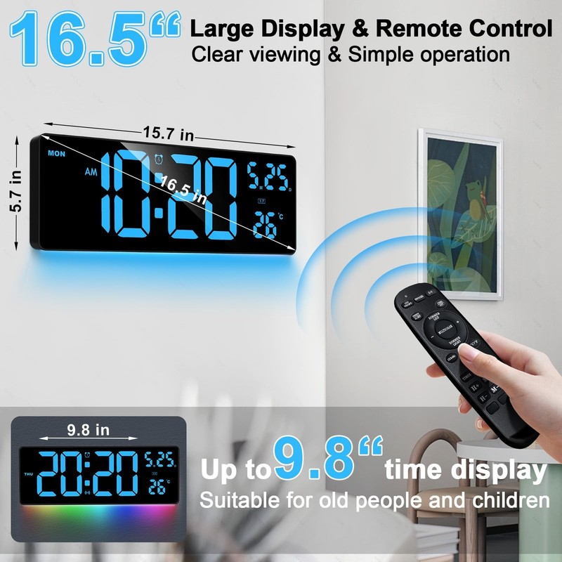 16.5" Digital Clock Large Display with Remote Control, 6-Color Night Light Di... gallery