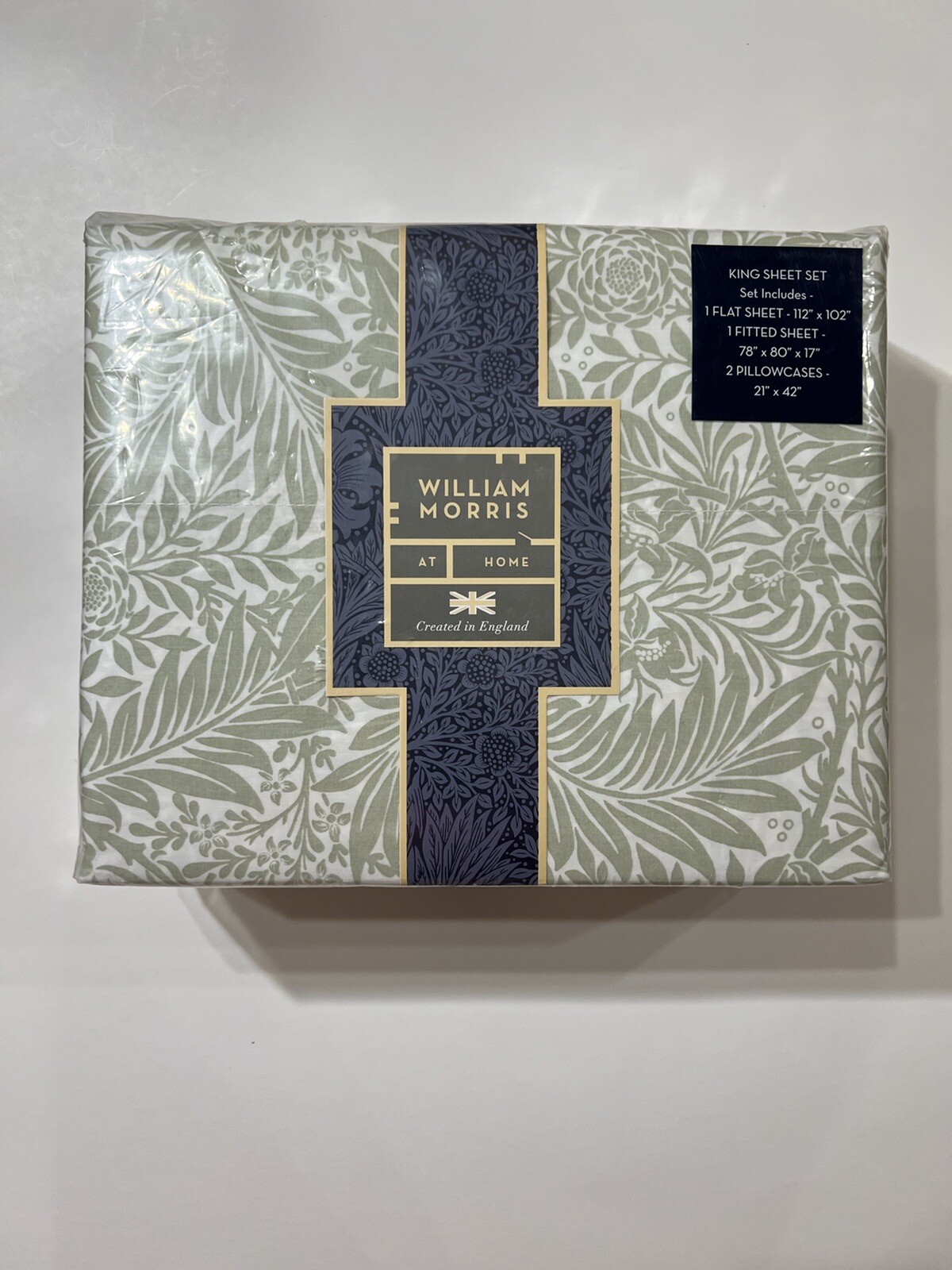 William Morris KING Sheet Set LARKSPUR SAGE 100% Cotton Percale Pakistan NWT gallery