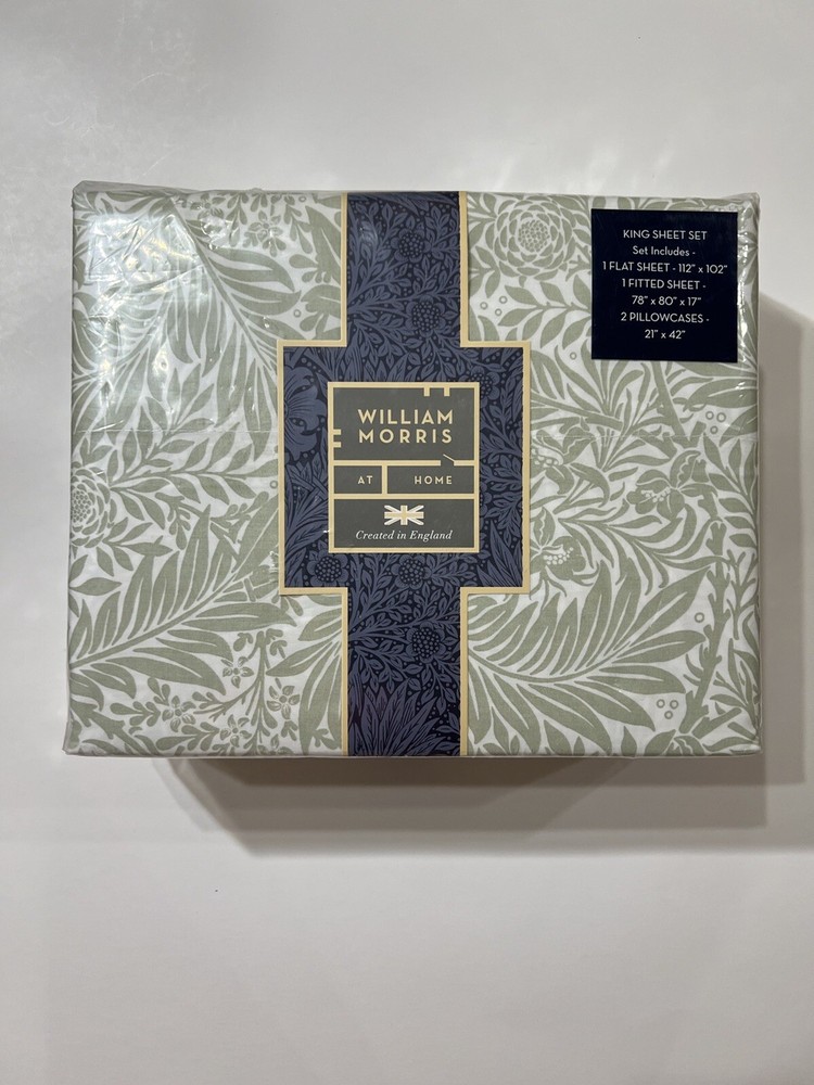 William Morris KING Sheet Set LARKSPUR SAGE 100% Cotton Percale Pakistan NWT