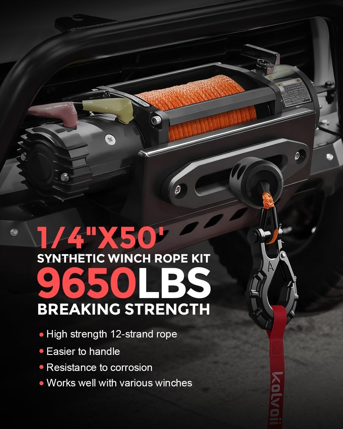 Synthetic Winch Rope Kit 9,650lbs Winch 1/4" x 50ft Orange Rope, Black Hook gallery