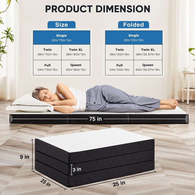 Tri-fold Memory Foam Mattress, Portable Floor Bed, Foldable Mat for Bedroom gallery