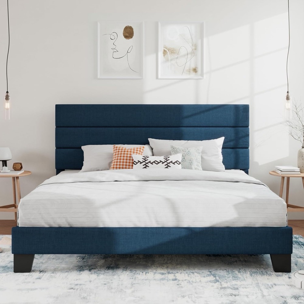 SHA CERLIN King Size Platform Bed Frame BLue- Uphostered Headboard