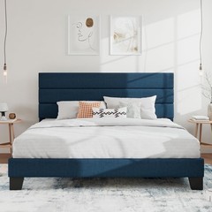 SHA CERLIN King Size Platform Bed Frame BLue- Uphostered Headboard