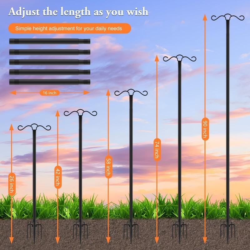 2 Pack 90 Inch Double Shepherds Hook for Outdoor with 5 Prong Base Heavy Duty Tw gallery