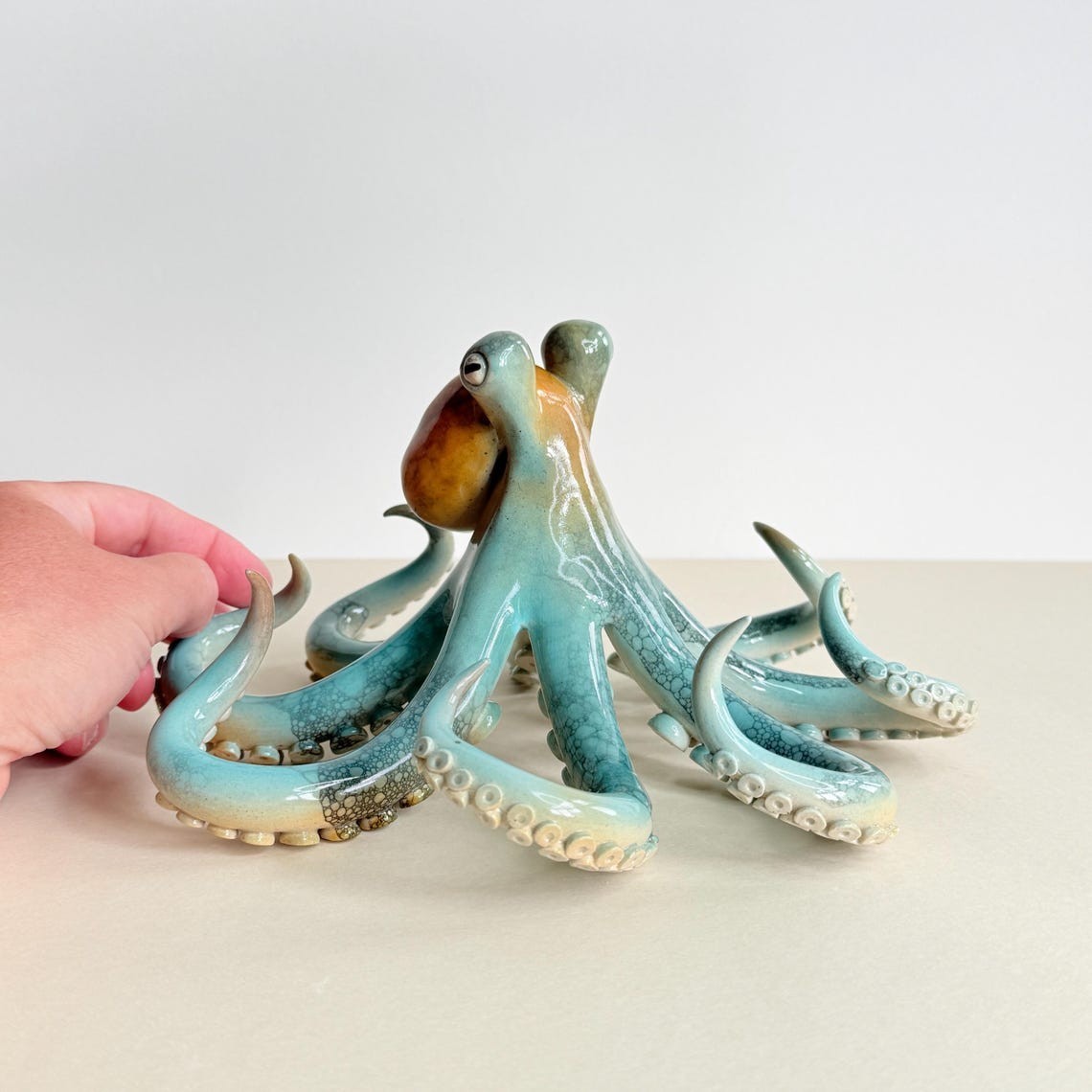 Ceramic Octopus Sculpture Teal, Orange, Black Bubble Glaze Tabletop Art gallery