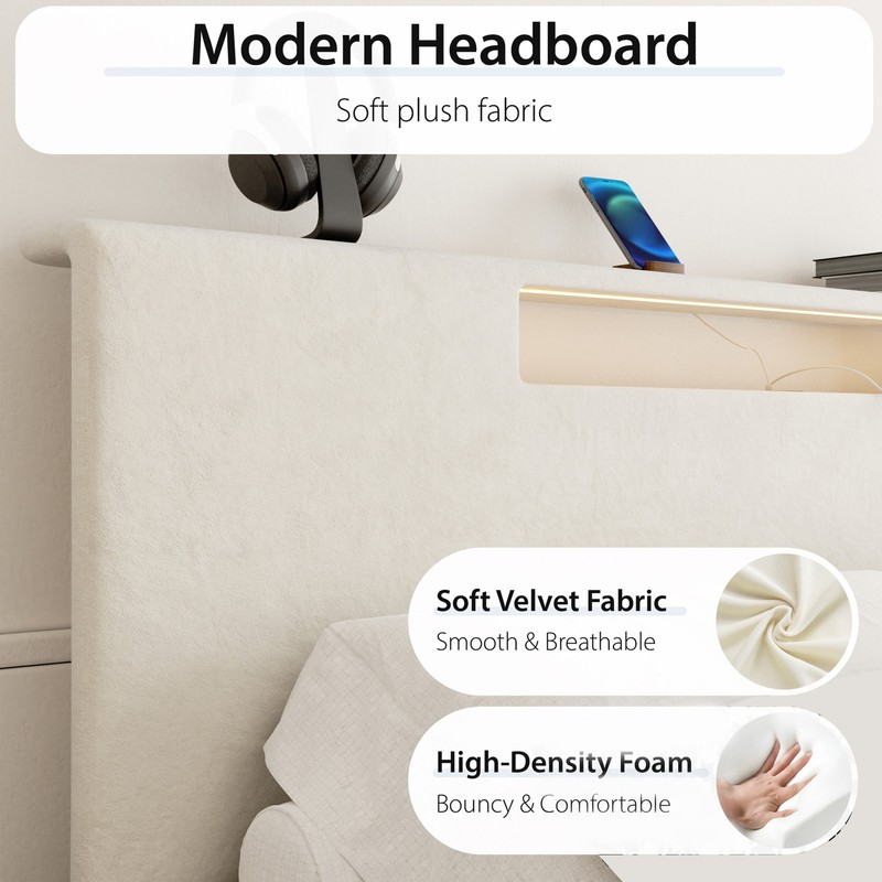 Full Size LED Upholstered Bed Frame Multifunctional Storage Headboard For Phones gallery