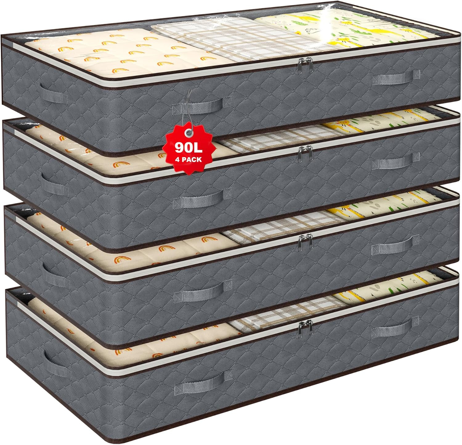 90L Under Bed Storage Bins, 4-Pack Transparent Organizers with Lids, Grey gallery