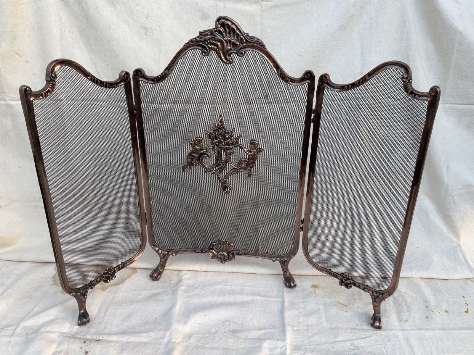 Antique Bronze Winged 3-Panel Fireplace Screen Metal Mesh w/ Feet, Cherub gallery