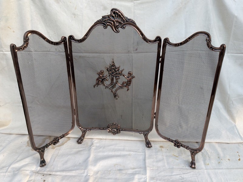 Antique Bronze Winged 3-Panel Fireplace Screen Metal Mesh w/ Feet, Cherub gallery