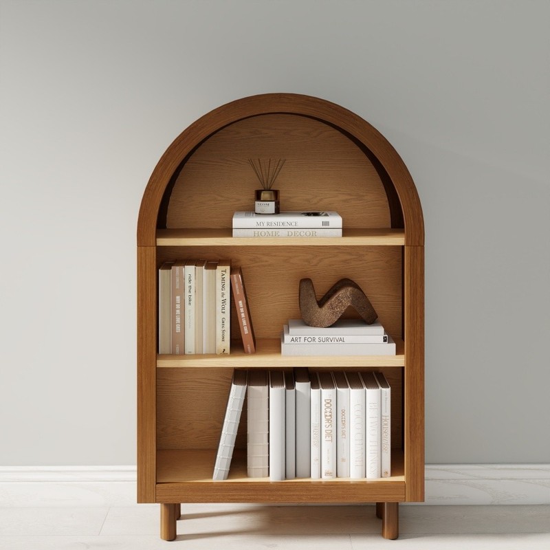 Arched Small Bookcase, Walnut 3-Tier Storage Cabinet with Glaze Finish gallery