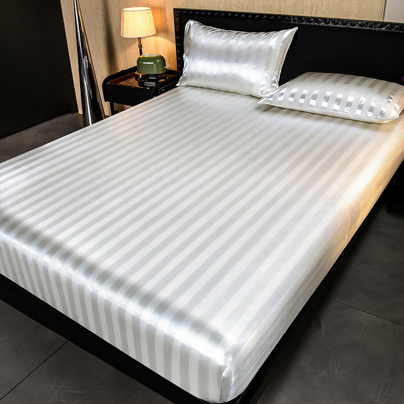 Luxury Satin Stripe Fitted Sheet Set Silky Ice Silk Bed Sheet Pillowcase Bedding gallery