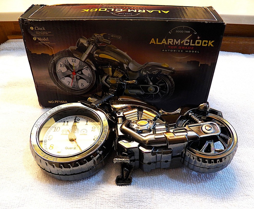 New Motorcycle Alarm Clock Battery Operated 8 1/2 x 4 3/4 x 2 1/8 inches Plastic