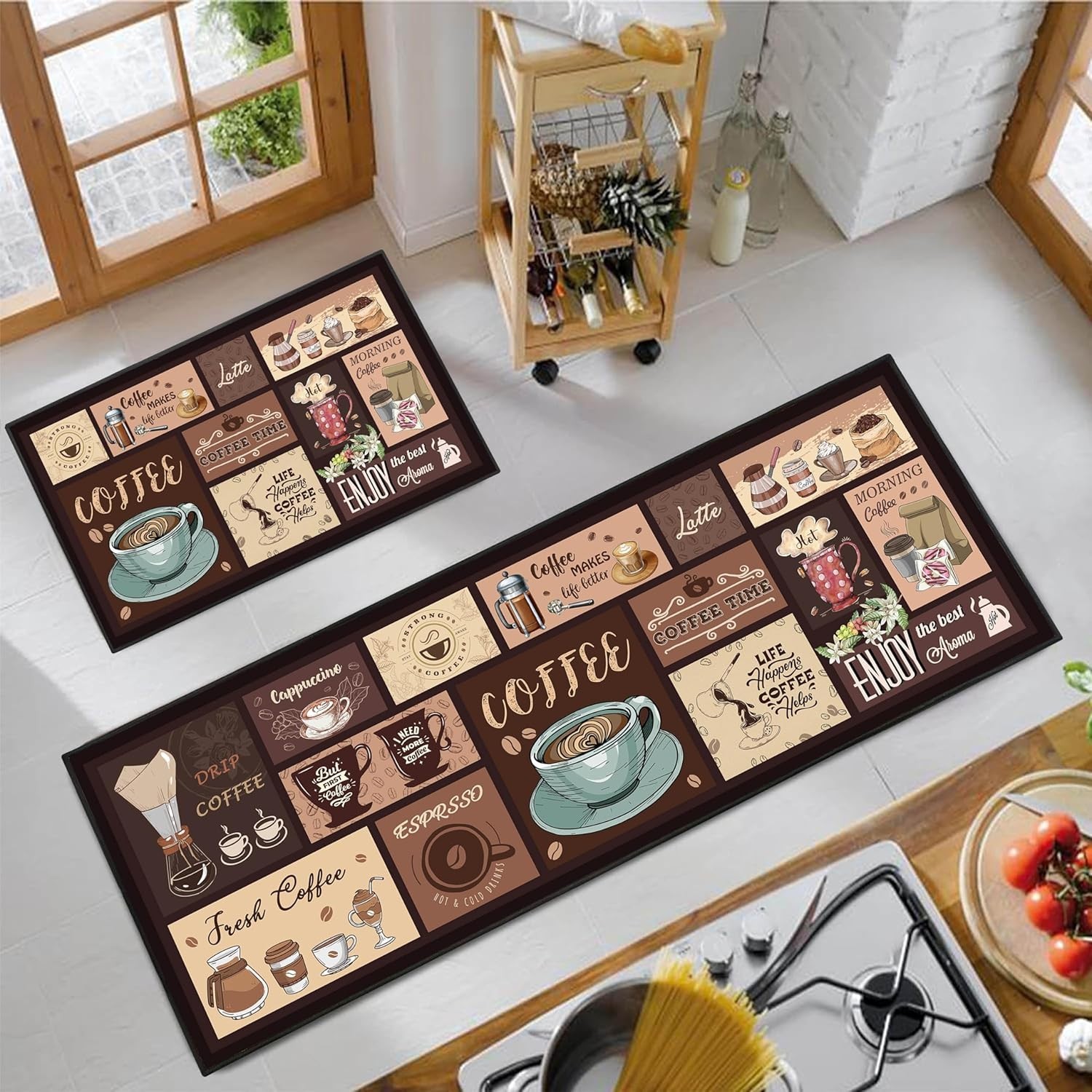 2pcs17x30+17x47 Coffee Kitchen Rug Set NonSlip Absorbent Washable Floor Mat gallery