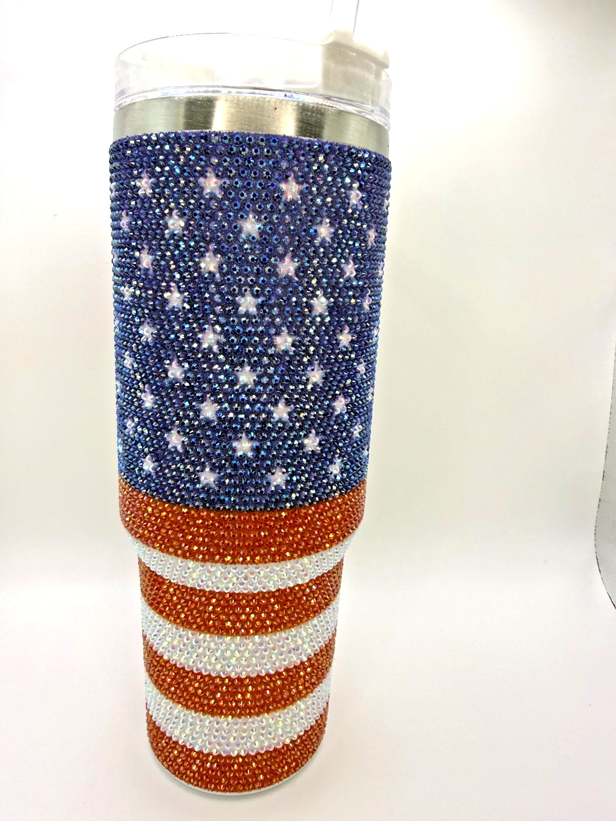 🇺🇸USA 🇺🇸 Rhinestone American Flag Tumbler With Handle & Lid 40 Oz Stainless gallery