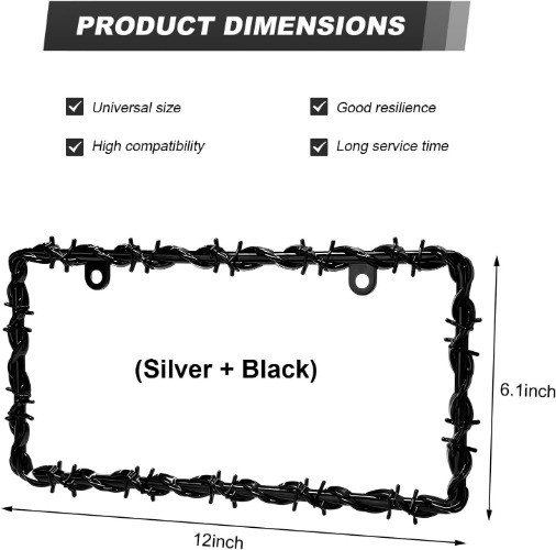 2 PCS Barbed Wire License Plate Frame, Sturdy Plastic Barb Color: Black+Silver gallery