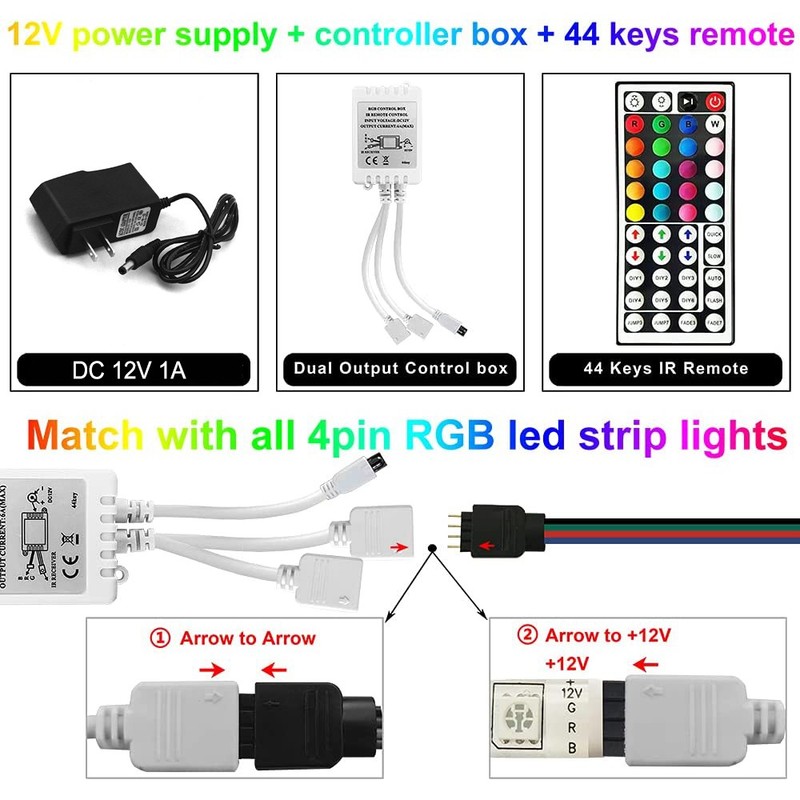 44Key Remote Controller+12V 1A Adapter For 2835 3528 5050 RGB LED Strip Light US gallery