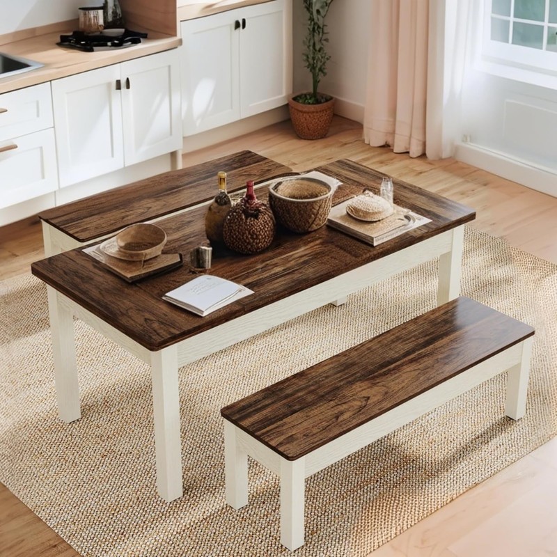 Modern Dinner Table Set for 4-6 People, 55'' Wood Kitchen Table with 2 Benches gallery