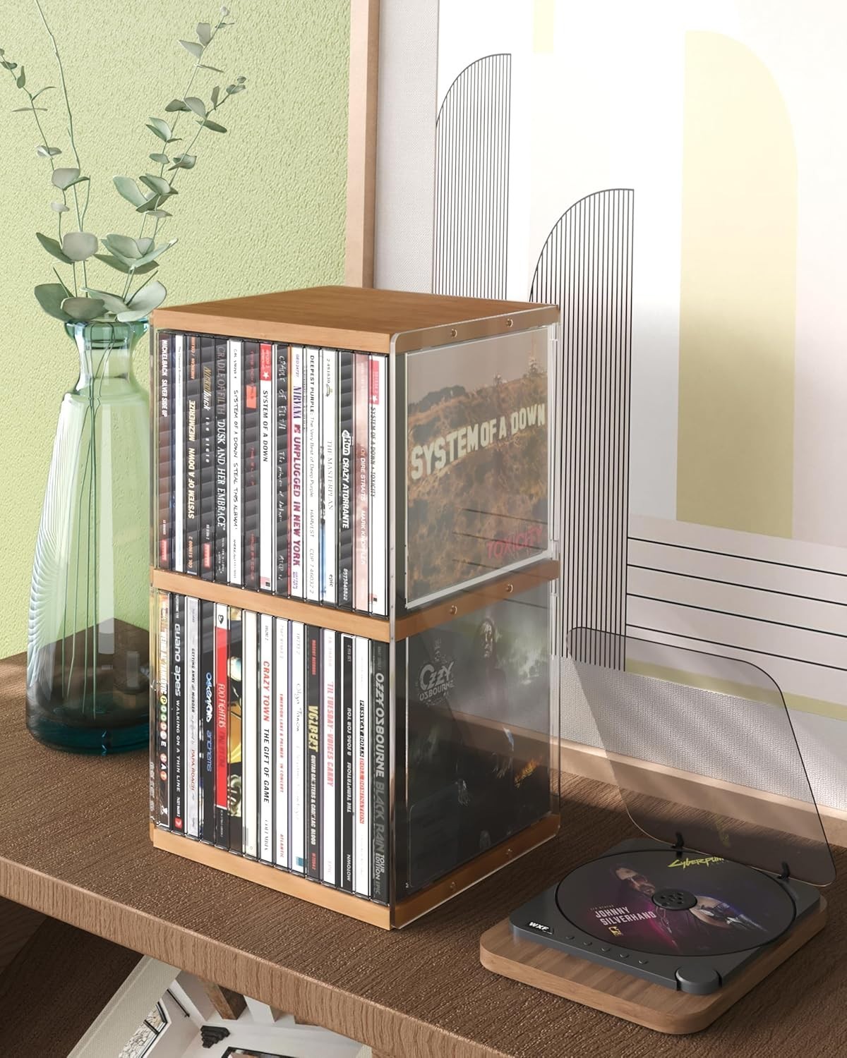 Retro Walnut CD Holder Desk Rack Organizer Storage Shelf Tower 30 Pcs gallery