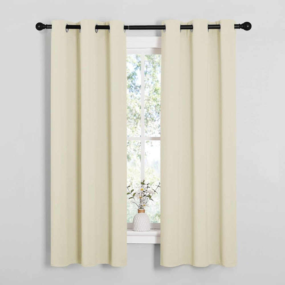 2 PCS Beige 63"L x 34"W Solid Grommet Privacy Darkening Curtains For Bedroom