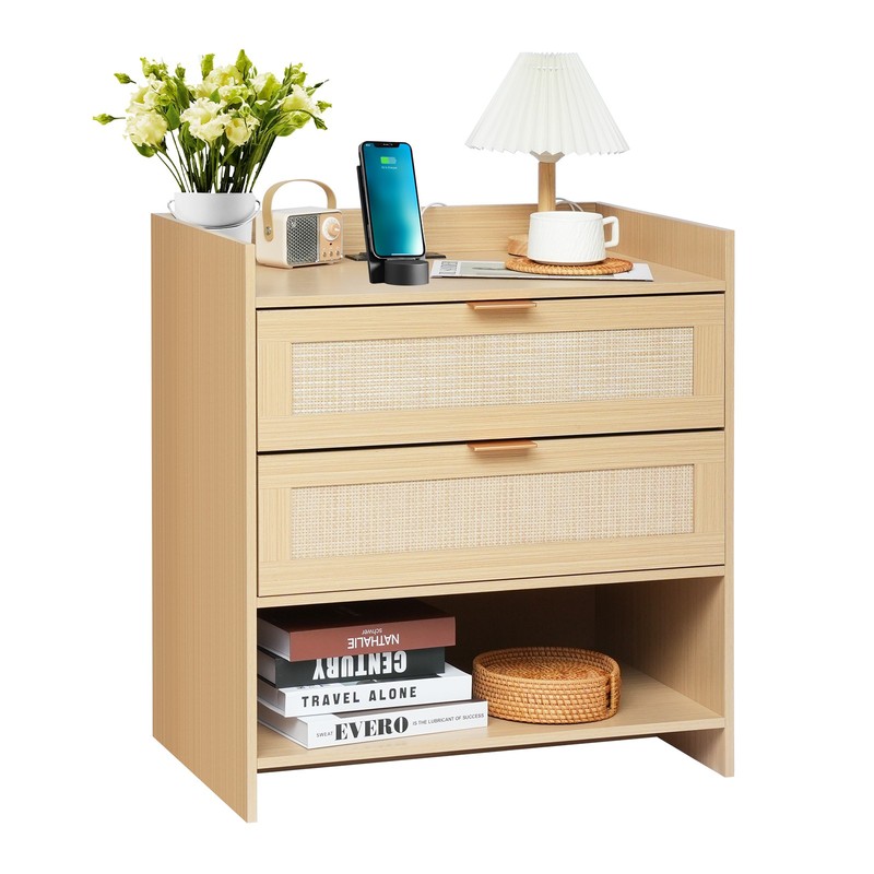 Charging Nightstand with Outlets & USB, 2 Rattan Drawers, Modern Farmhouse Style gallery