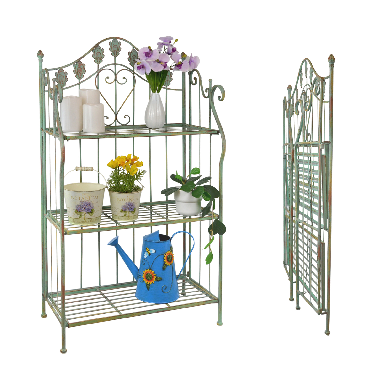 41 in. Folding Metal Shelf / Bakers Rack w/ Scrolling Heart & Peacock Tail Motif gallery