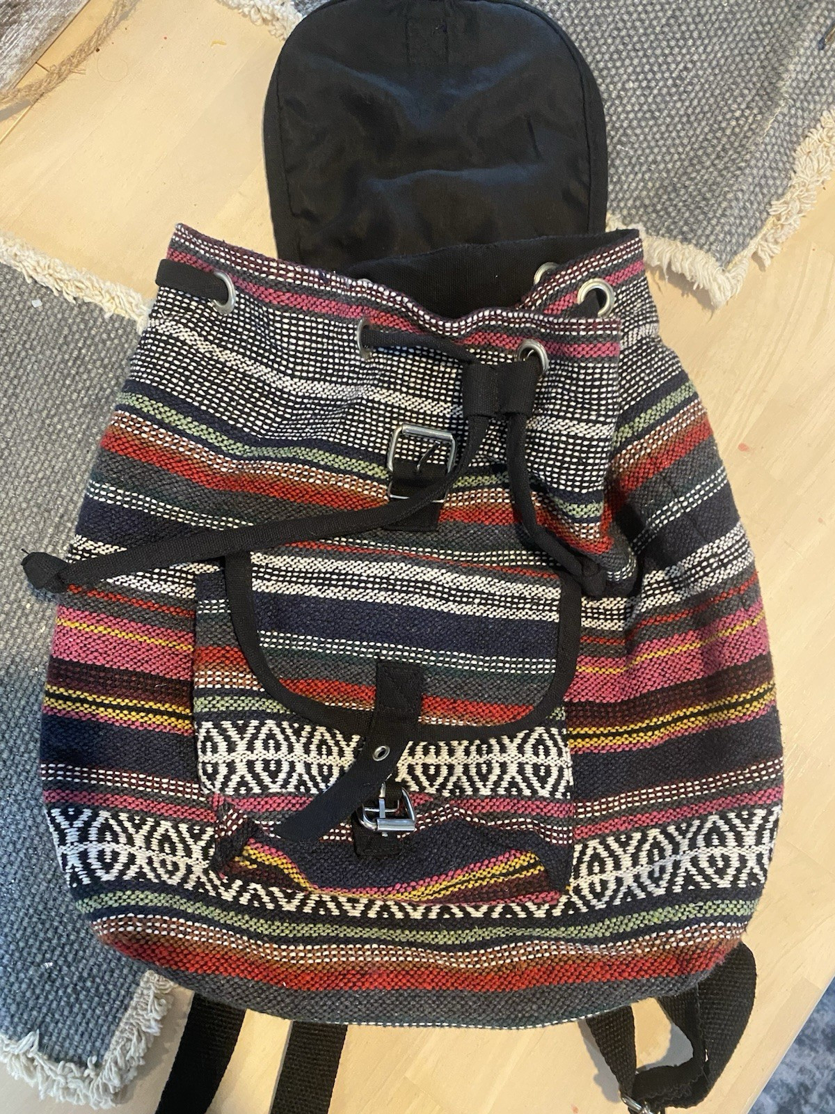 Multicolor/Black Fabric Drawstring Backpack Rucksack, Nylon Straps, Pre-Owned