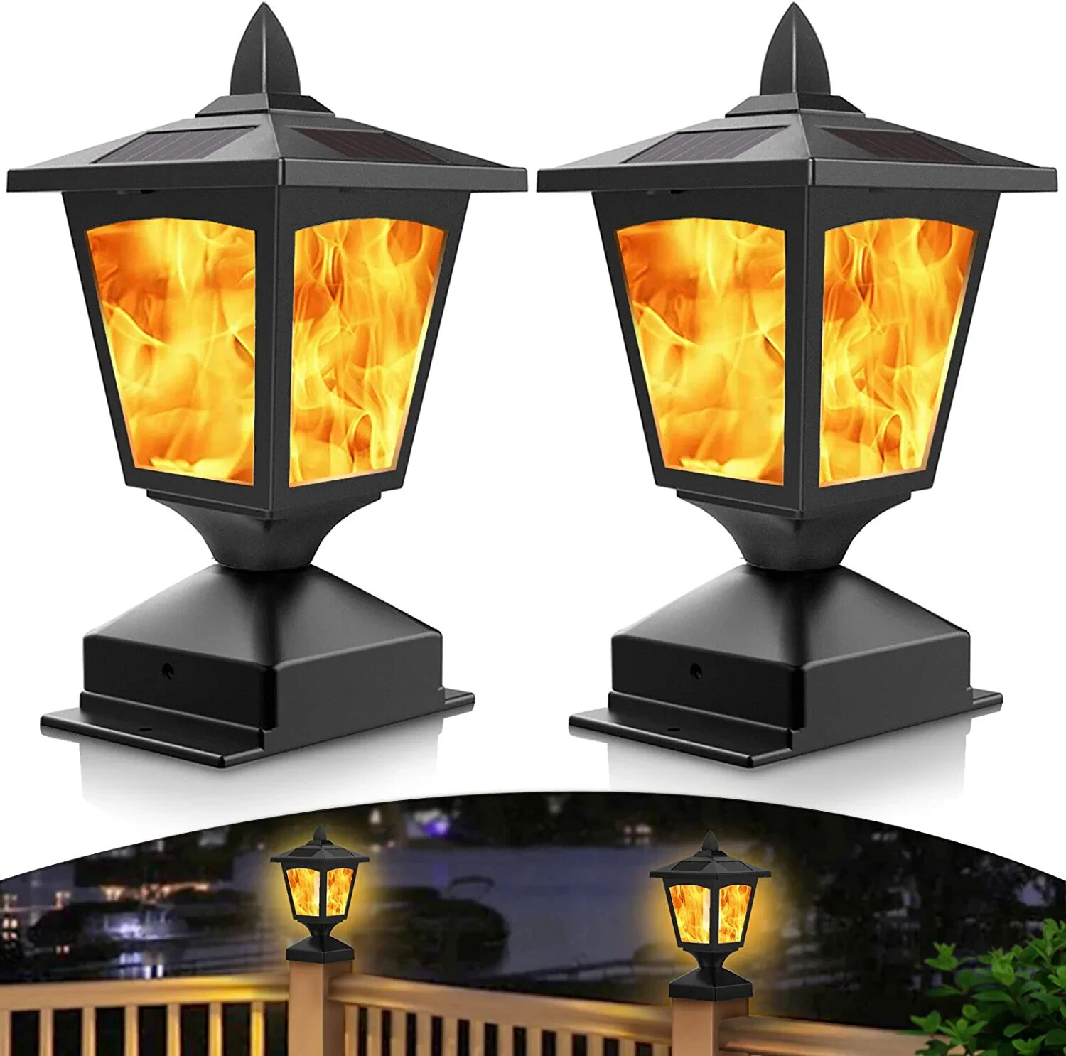 2 Pcs Outdoor Flame Light Solar Post Deck Fence Cap Waterproof Flickering Lights gallery