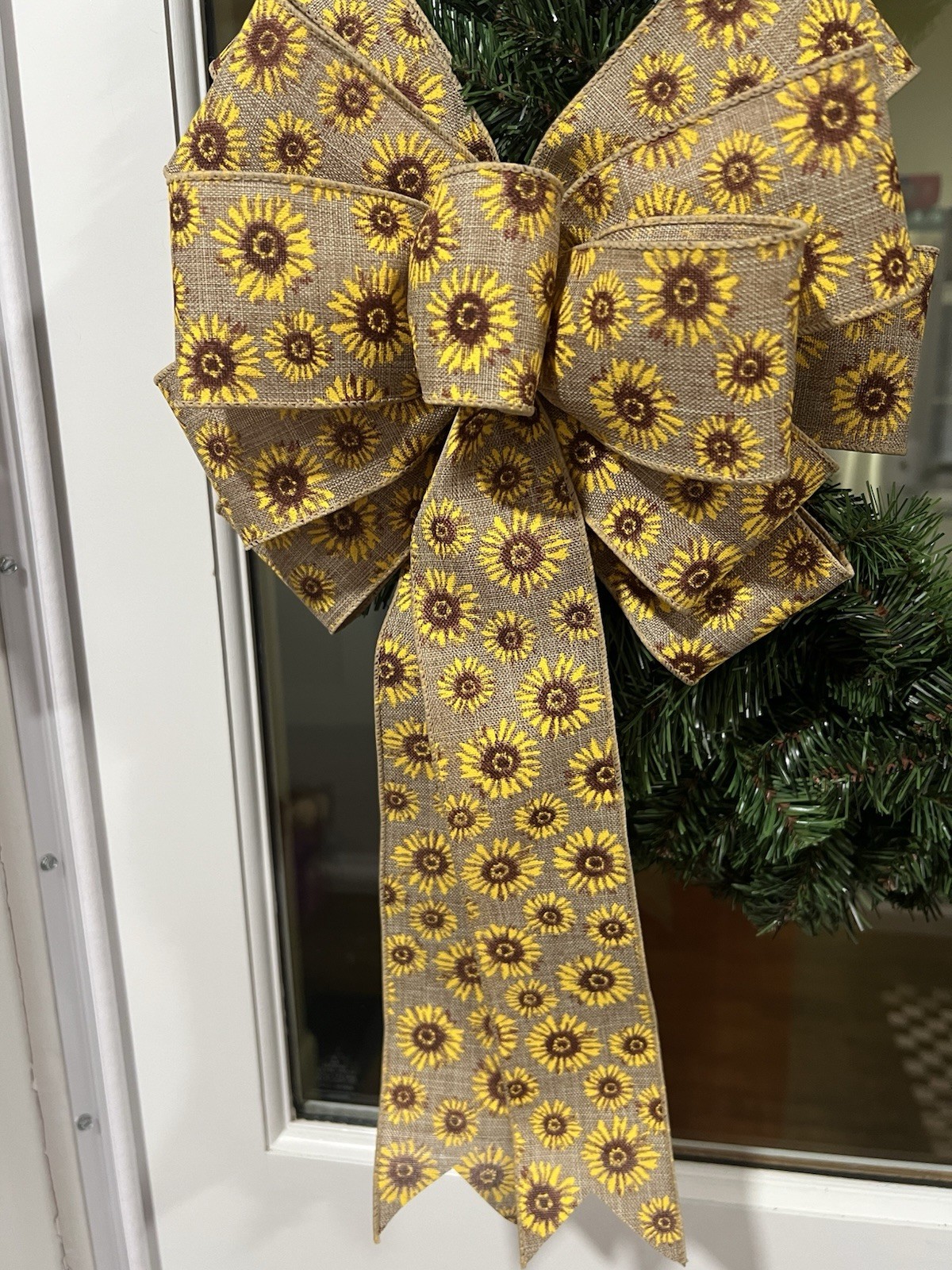Handmade Large Spring Summer Fall Sunflower Bow 10 x 16 Tan Yellow Brown Flowers gallery