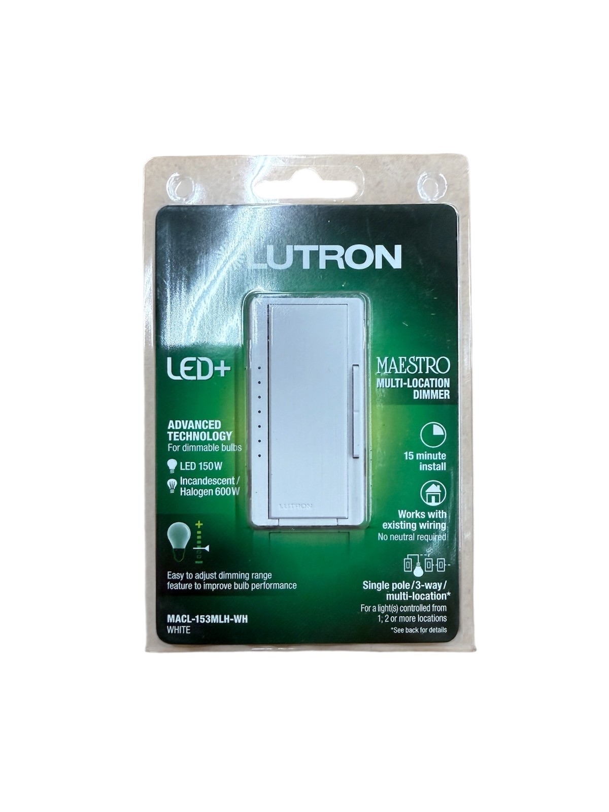 Lutron Maestro Dimmer Switch MACL-153MLH-WH LED Multi-Location White Single gallery