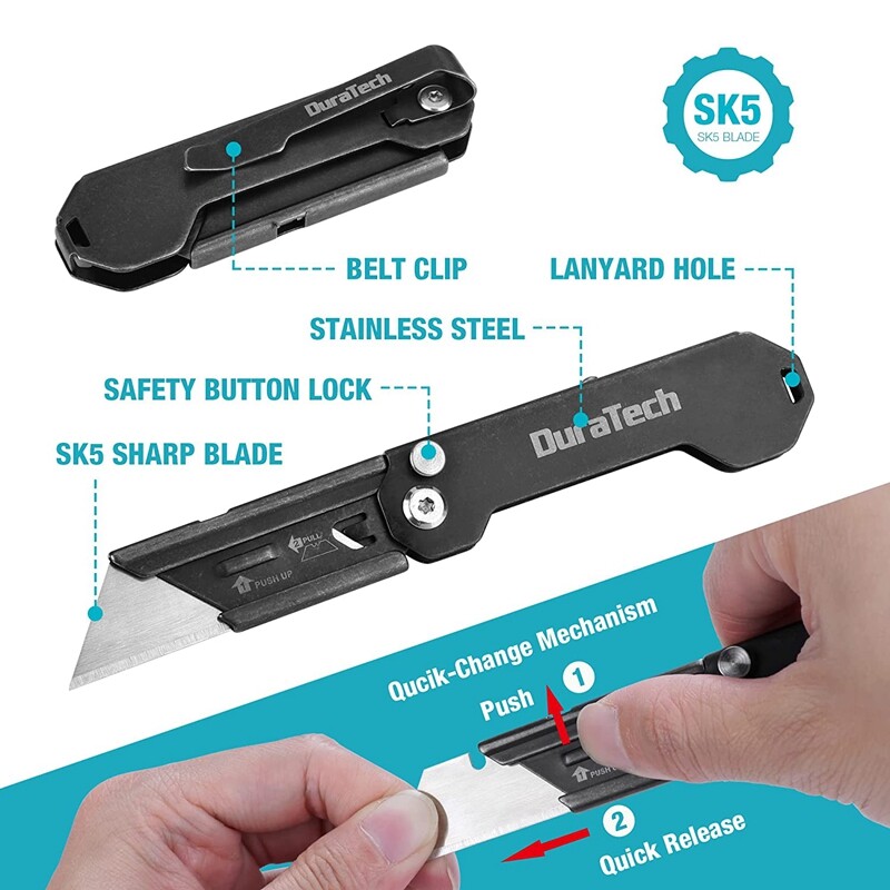 DURATECH 2PC Folding Pocket Utility Knife Set Quick Change Blade EDC Box Cutter gallery