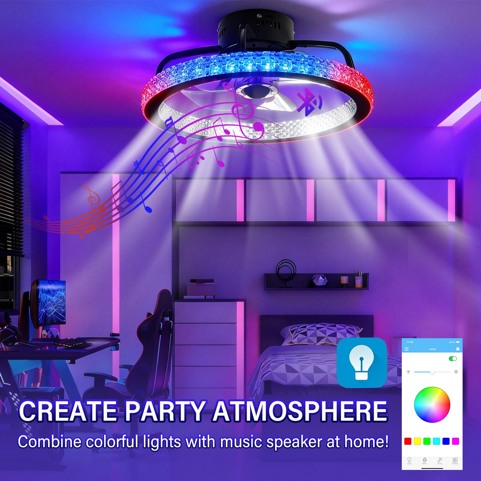 TCFUNDY Flush Mount LED Ceiling Fan with Light APP Control w/ Bluetooth Speaker gallery