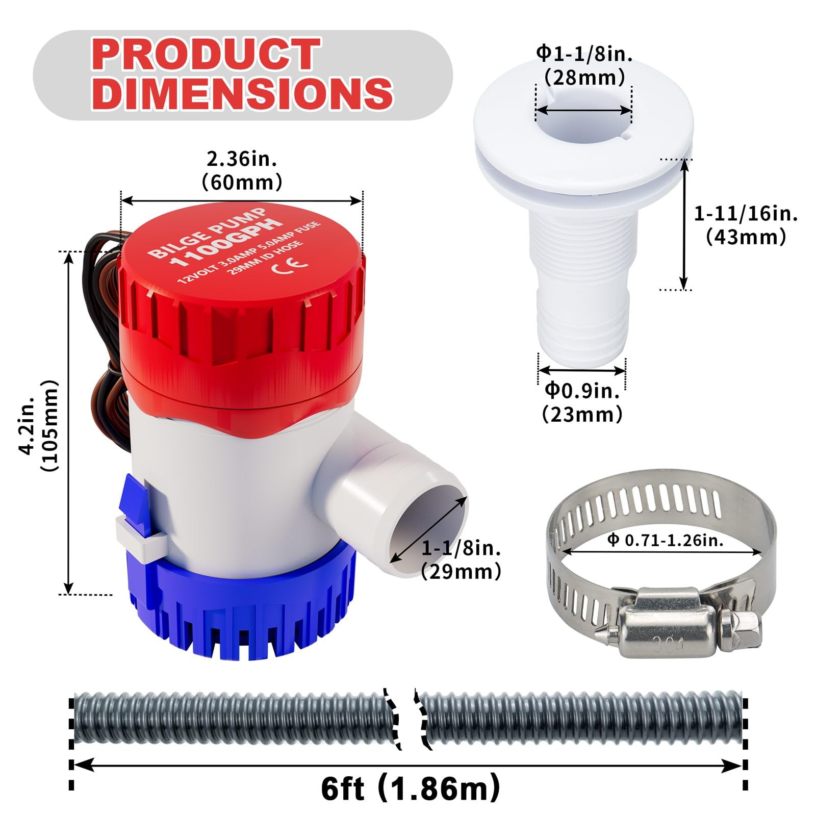Sanuke 1-1/8 Inch Boat Bilge Pumping Kit, 1100gph 1100GPH Pump Red, Blue gallery