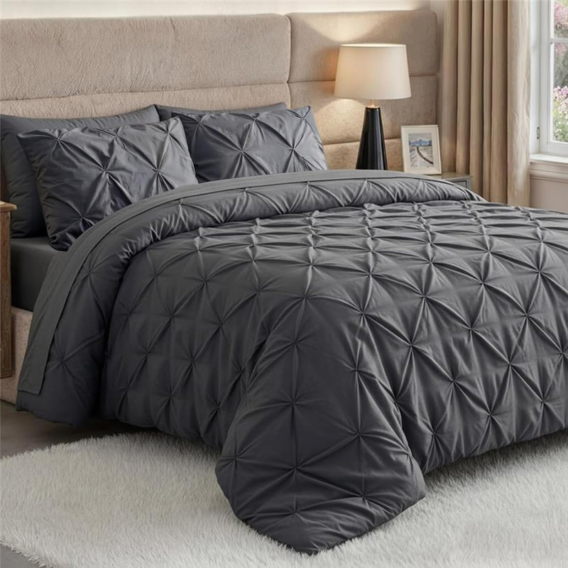Queen Comforter Set Pintuck 7 Piece, Grey, Bed in a Bag 2 Pillow Shams, Flat & F gallery
