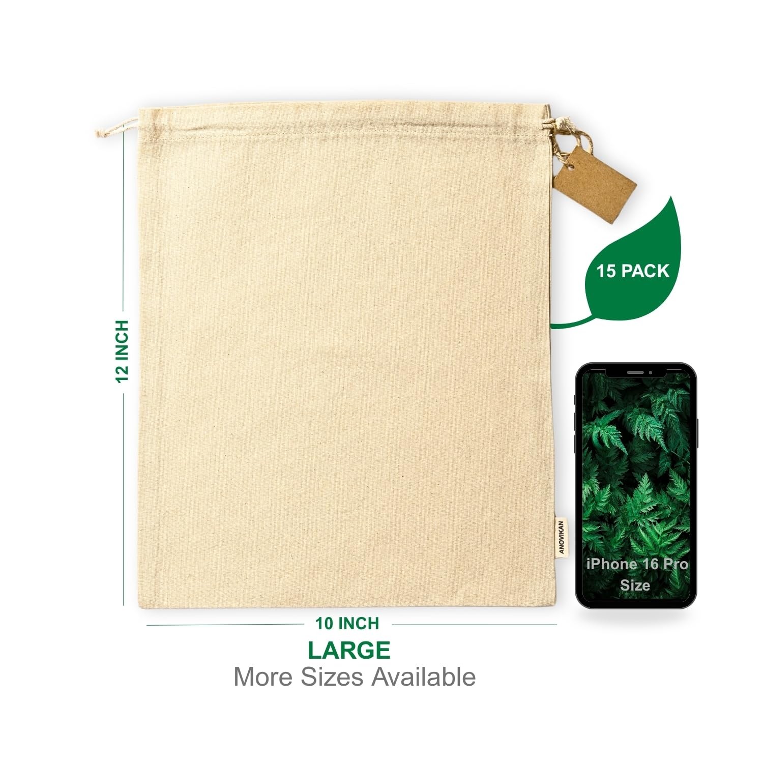 Premium Cotton Multipurpose Bags, Large, 10x12 Inch (15 Pack) – Reusable Prod... gallery