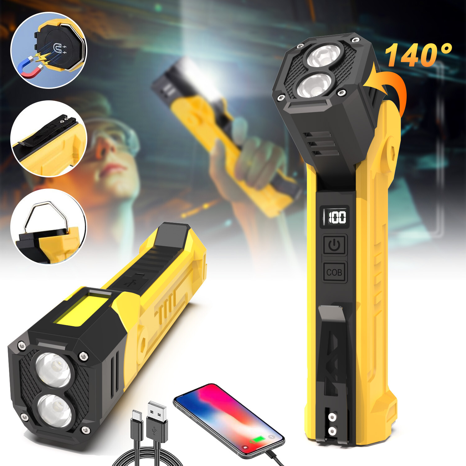 Rechargeable Work Light Mechanic Flashlight Lamp Magnetic Base Phone Power Bank gallery