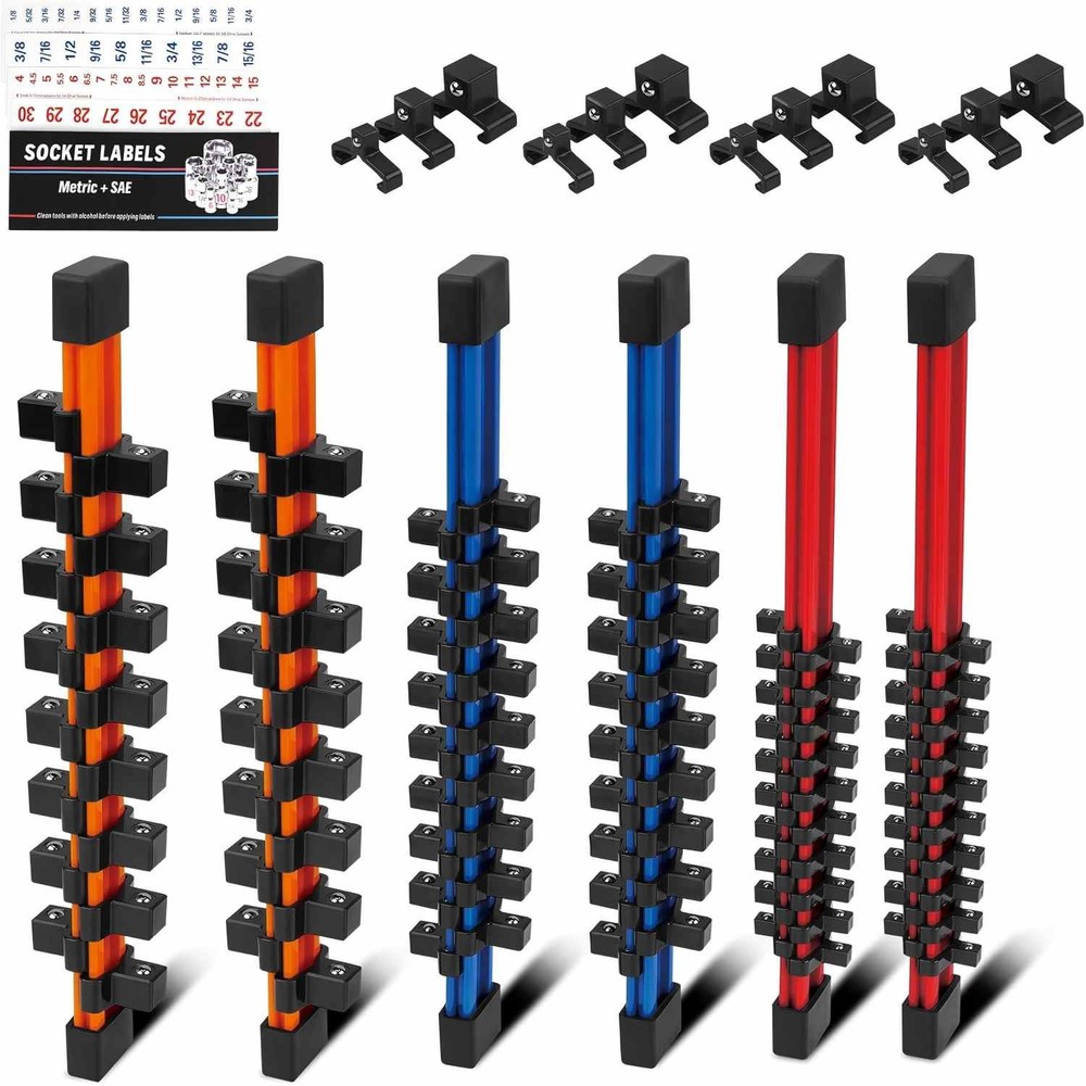 6PC Double Sided Socket Holder Organizer 1/4 3/8 1/2 Driver Shallow Deep Socket