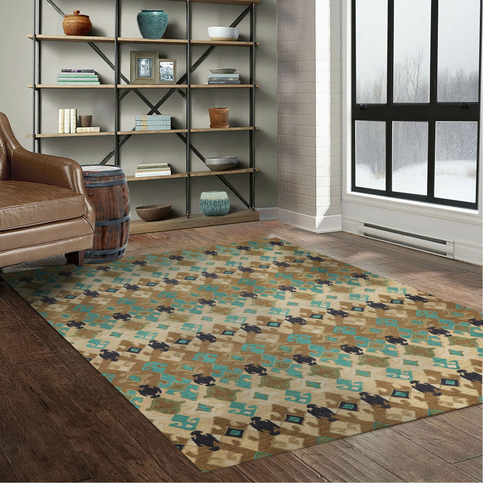 Multi Sizes Handmade 100% Wool Modern Loop & Cut Pile Area Rug Beige Turquoise gallery