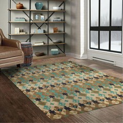 Multi Sizes Handmade 100% Wool Modern Loop & Cut Pile Area Rug Beige Turquoise