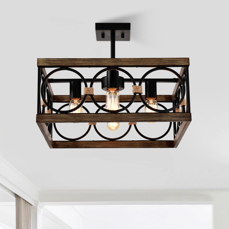 4-Light Square Kitchen Island Light Farmhouse Wood Black Metal Ceiling Fixture gallery