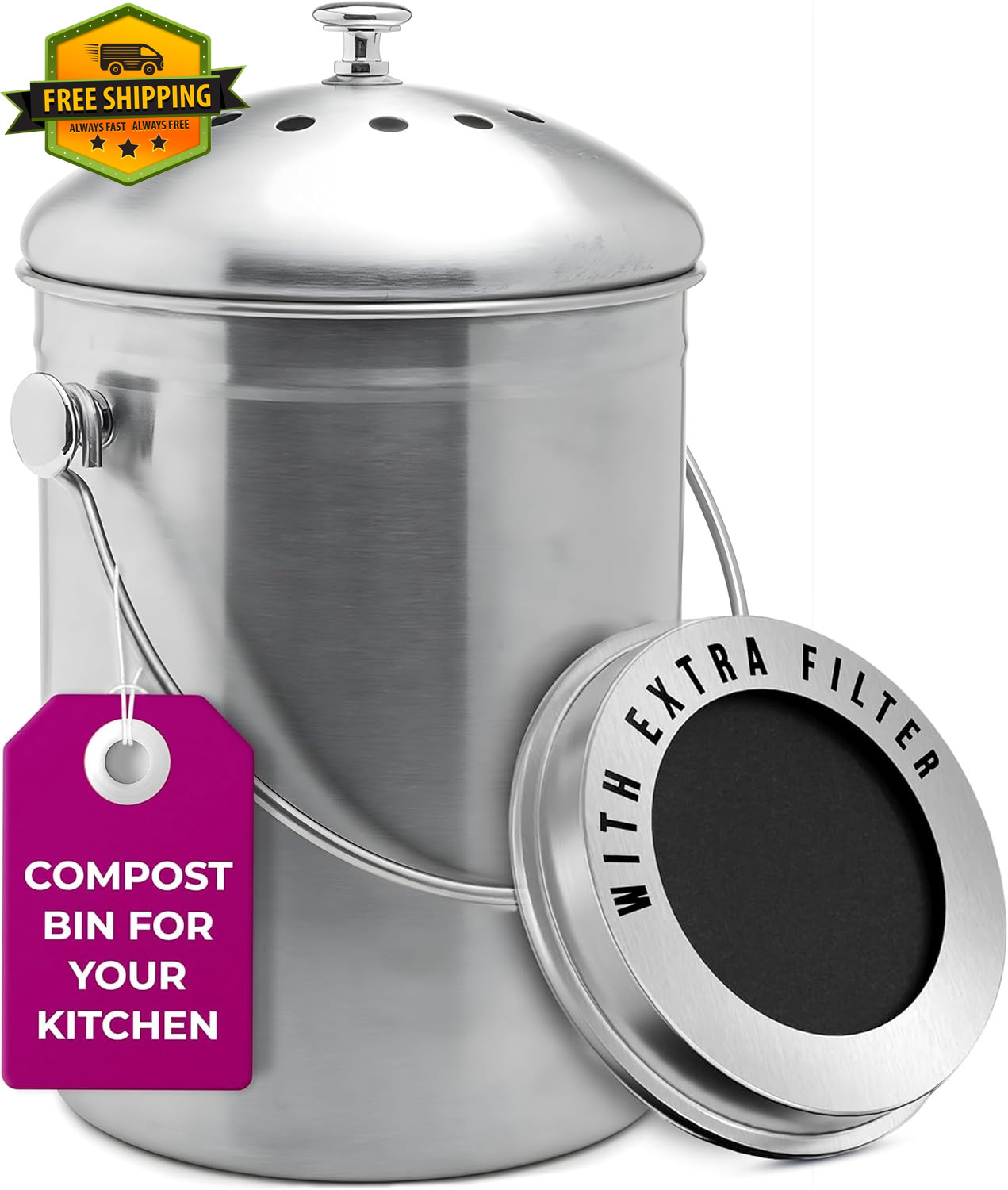 1.3 Gallon Stainless Steel Kitchen Compost Bin with Lid Carbon Filters gallery