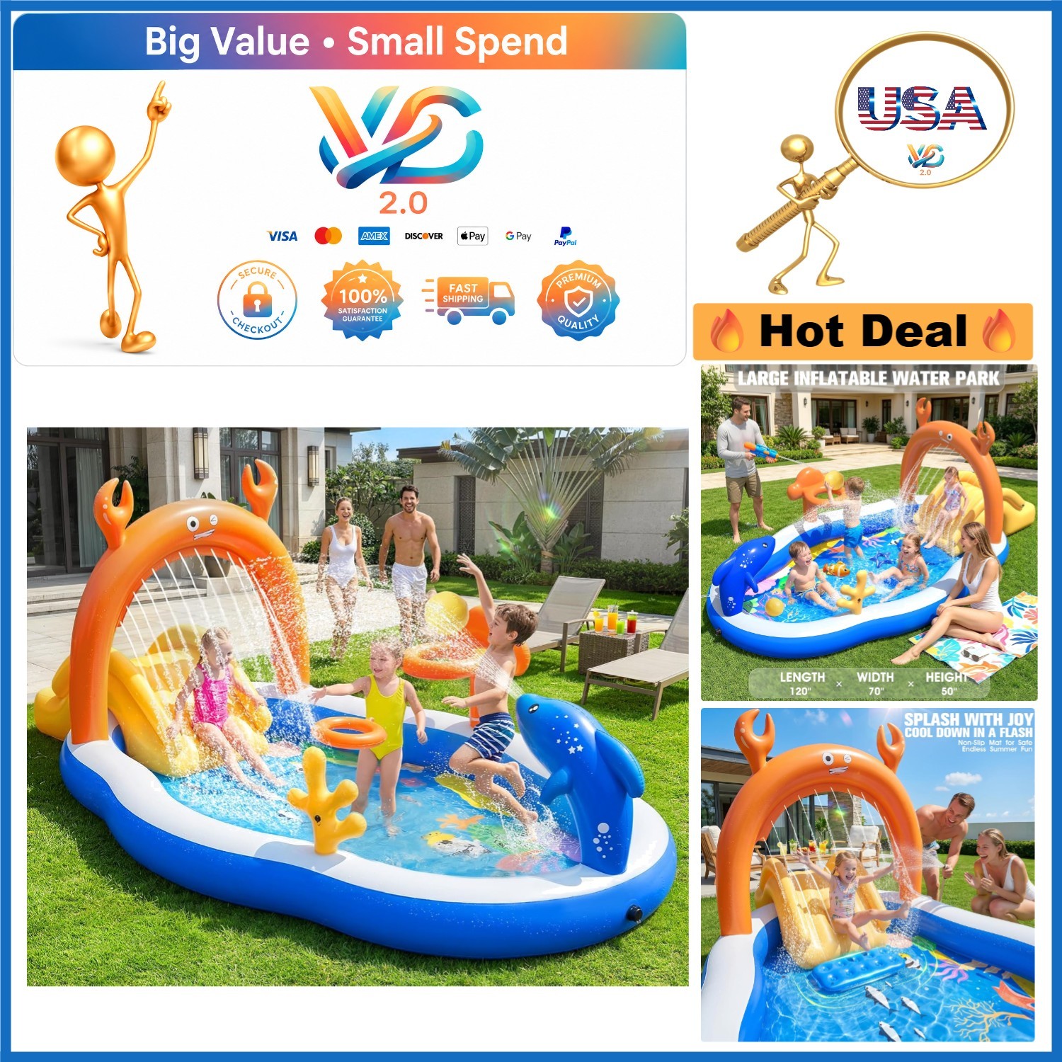 Inflatable Kids Pool with Slide & Sprayers 120x70x50 Blue Kid Water Play Center gallery