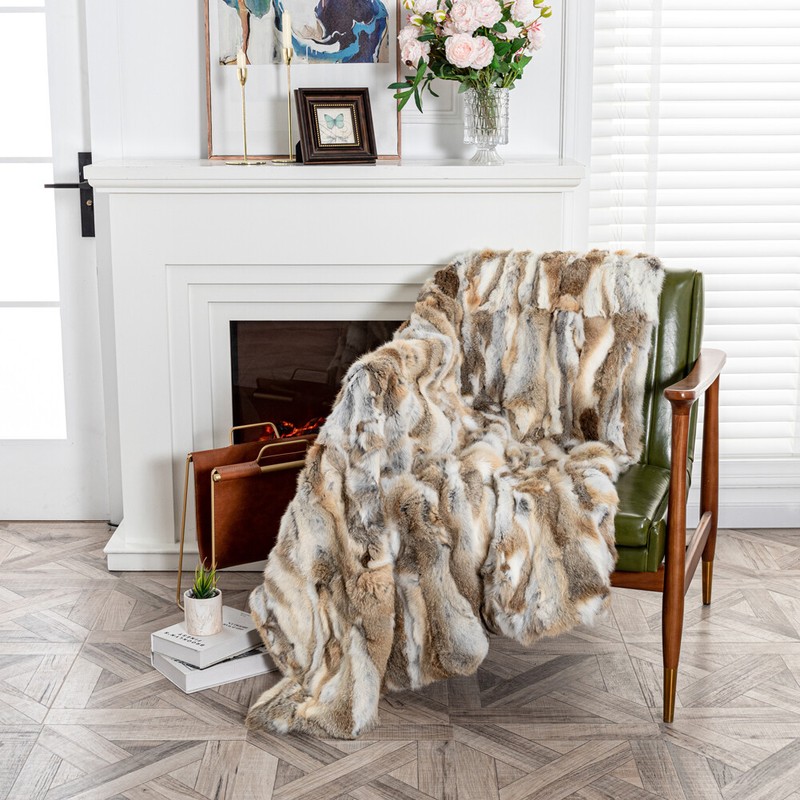 Luxury Soft Real Rabbit Fur Throw Blanket Tan Warm Large Sofa Bedspread 55x63'' gallery