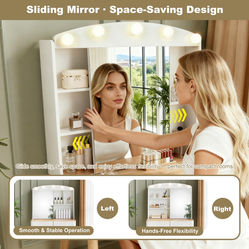 Dressing table W sliding mirror, two grooved drawers, and color changing light gallery