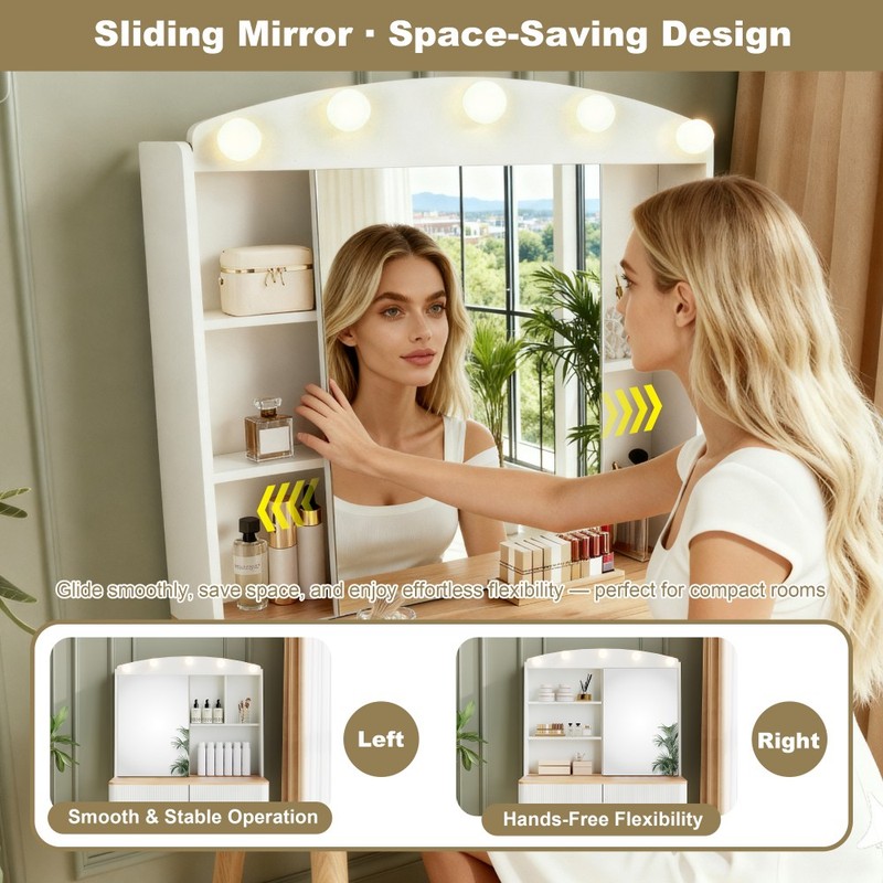 Dressing table W sliding mirror, two grooved drawers, and color changing light gallery