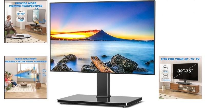 Adjustable Height Swivel TV Stand with Sturdy Glass Base - For 32 to 75 Inch TVs gallery